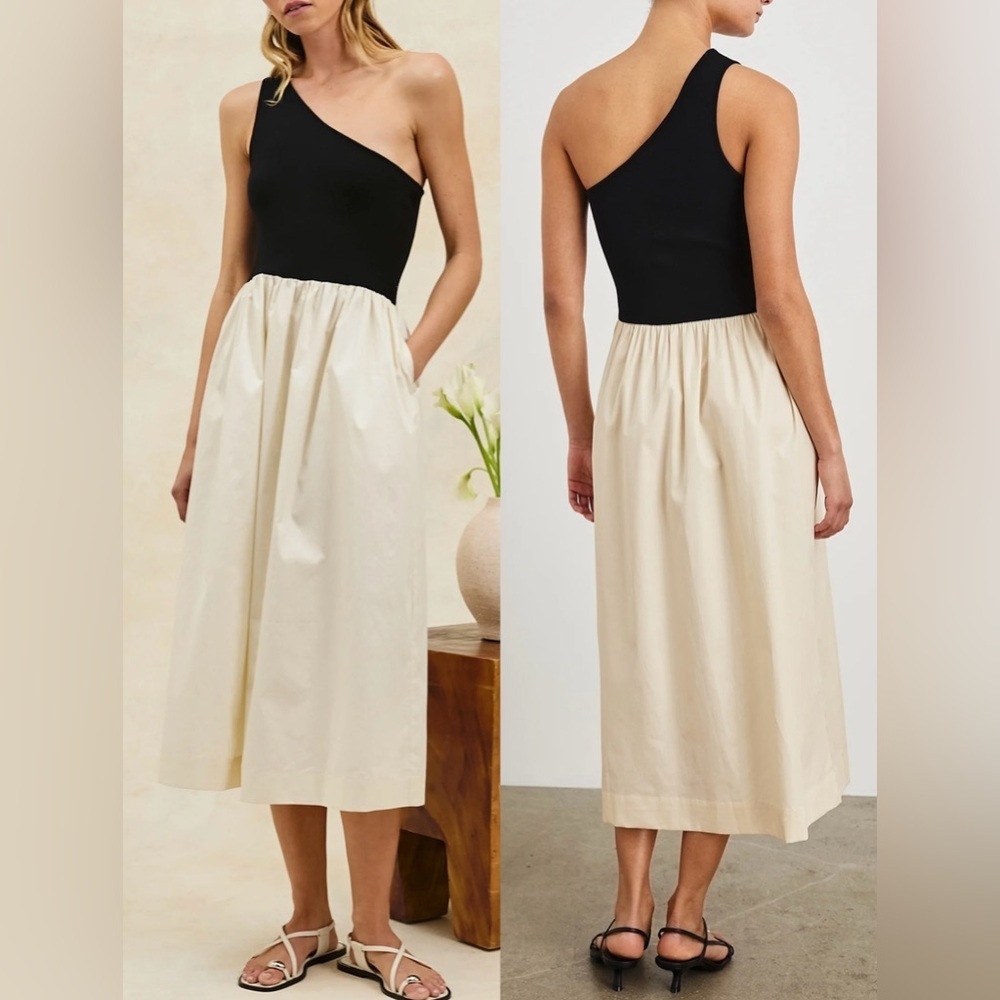 NEW Rails Anita One Shoulder Mix Media Black ivory Midi Dress sz S